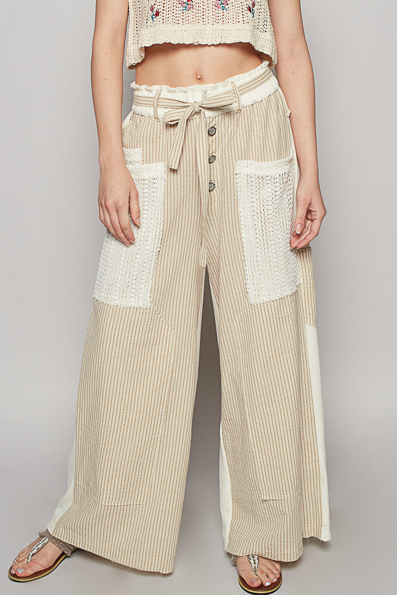 POL Mix n Match Woven Striped Print and Thermal Knit Pants in Sand Stripe