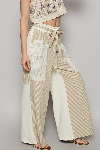 POL Mix n Match Woven Striped Print and Thermal Knit Pants in Sand Stripe
