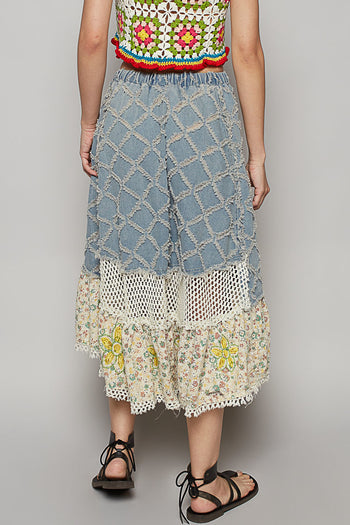 POL A-Line Midi Skirt with Textured Denim Crochet and Floral Print in Denim Multi