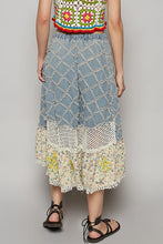 Load image into Gallery viewer, POL A-Line Midi Skirt with Textured Denim Crochet and Floral Print in Denim Multi
