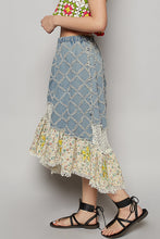 Load image into Gallery viewer, POL A-Line Midi Skirt with Textured Denim Crochet and Floral Print in Denim Multi
