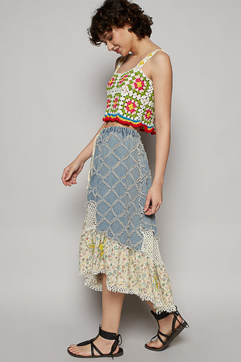 POL A-Line Midi Skirt with Textured Denim Crochet and Floral Print in Denim Multi