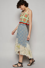 Load image into Gallery viewer, POL A-Line Midi Skirt with Textured Denim Crochet and Floral Print in Denim Multi
