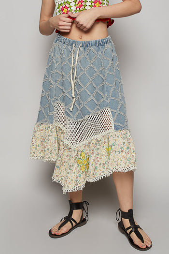 POL A-Line Midi Skirt with Textured Denim Crochet and Floral Print in Denim Multi