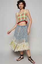 Load image into Gallery viewer, POL A-Line Midi Skirt with Textured Denim Crochet and Floral Print in Denim Multi
