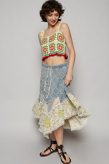 POL A-Line Midi Skirt with Textured Denim Crochet and Floral Print in Denim Multi