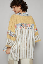 Load image into Gallery viewer, POL Distressed Square Twill Cardigan with Mixed Floral Details in Honey Gold
