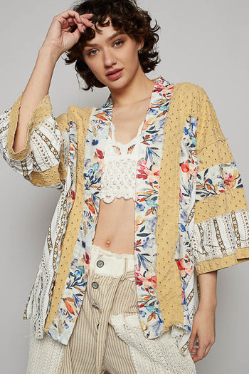 POL Distressed Square Twill Cardigan with Mixed Floral Details in Honey Gold