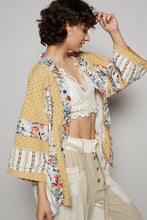 Load image into Gallery viewer, POL Distressed Square Twill Cardigan with Mixed Floral Details in Honey Gold
