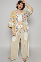 POL Distressed Square Twill Cardigan with Mixed Floral Details in Honey Gold