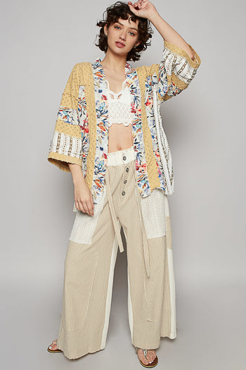 POL Distressed Square Twill Cardigan with Mixed Floral Details in Honey Gold