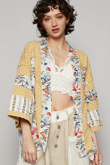 POL Distressed Square Twill Cardigan with Mixed Floral Details in Honey Gold