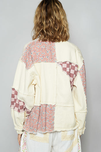 POL Mixed Print Patchwork Shacket in Cream