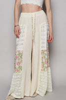 POL Double Gauze Pants with Floral and Open Knit Panels in Natural