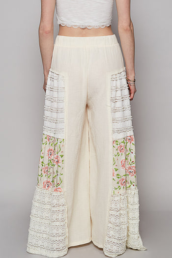 POL Double Gauze Pants with Floral and Open Knit Panels in Natural