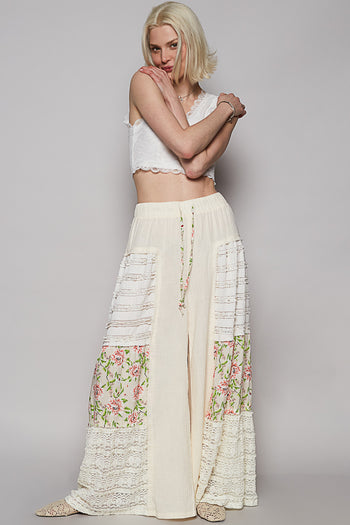 POL Double Gauze Pants with Floral and Open Knit Panels in Natural