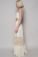 POL Double Gauze Pants with Floral and Open Knit Panels in Natural