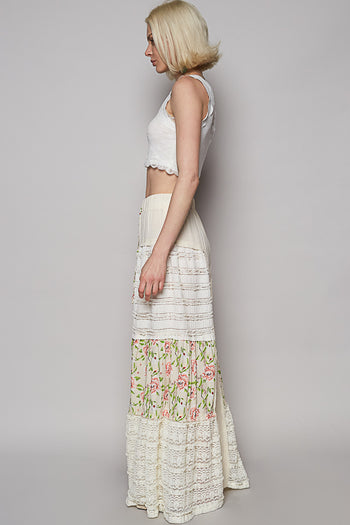 POL Double Gauze Pants with Floral and Open Knit Panels in Natural