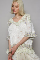 POL Textured Top with Floral Print Details in Off White