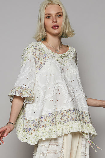 POL Textured Top with Floral Print Details in Off White