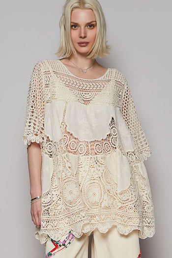 POL OVERSIZED Open Knit Crochet Top in Natural