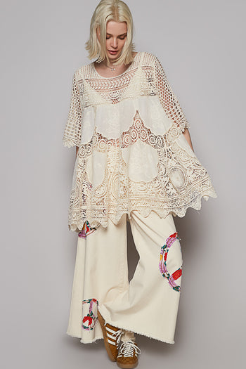 POL OVERSIZED Open Knit Crochet Top in Natural