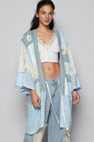 POL Open Front Mixed Cardigan with Patches in Sky Blue