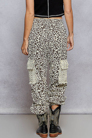 POL Distressed Denim Cargo Joggers in Cream Choco Leopard