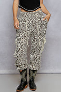 POL Distressed Denim Cargo Joggers in Cream Choco Leopard