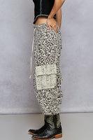 POL Distressed Denim Cargo Joggers in Cream Choco Leopard