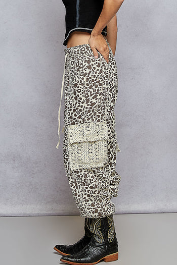 POL Distressed Denim Cargo Joggers in Cream Choco Leopard