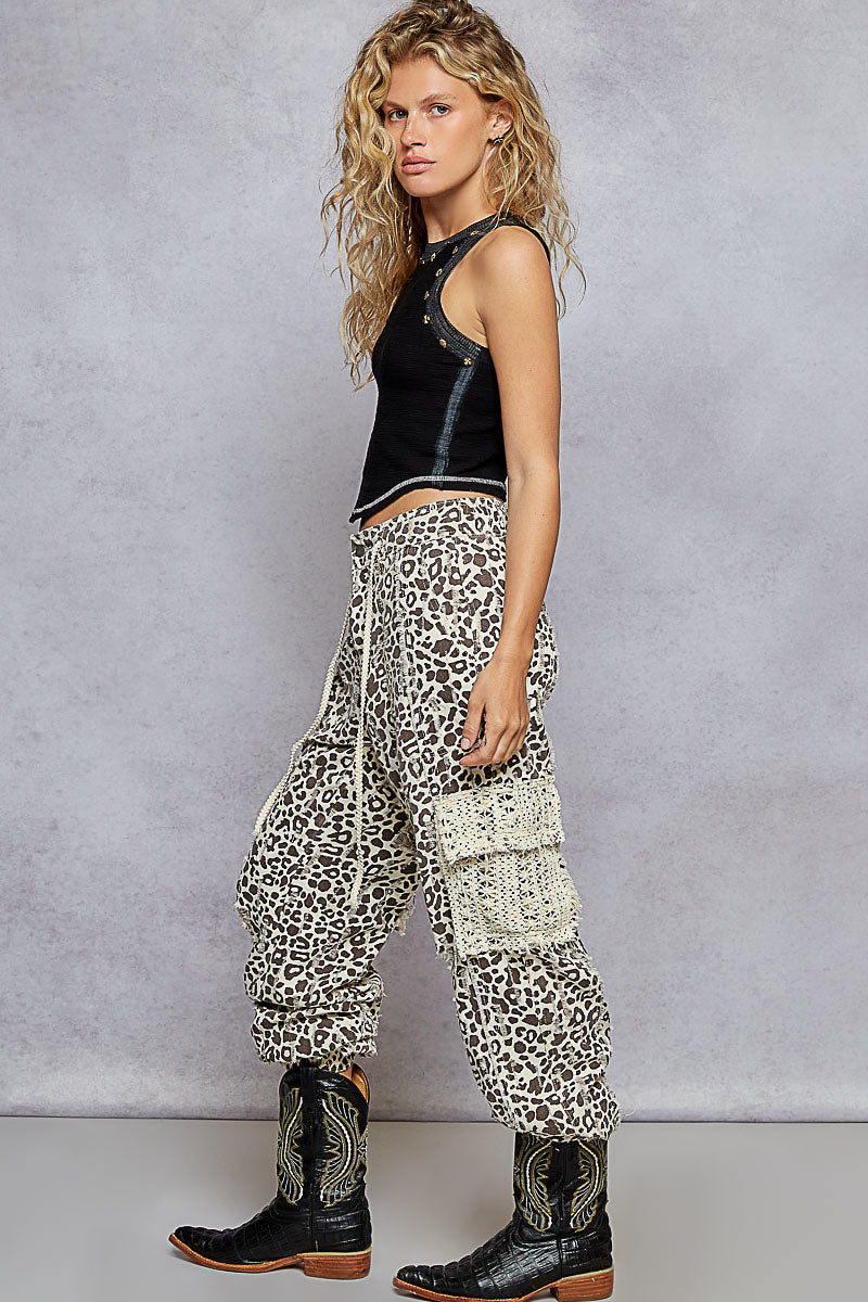 POL Distressed Denim Cargo Joggers in Cream Choco Leopard – June Adel