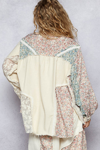 POL Twill Lace and Floral Print Button Down Top in Oatmilk