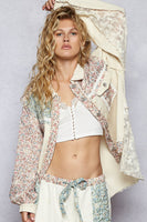 POL Twill Lace and Floral Print Button Down Top in Oatmilk