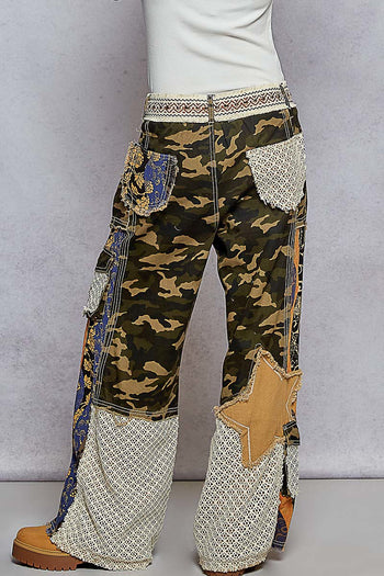 POL Relaxed Fit Twill Patchwork Pants in Camo/Blue Multi