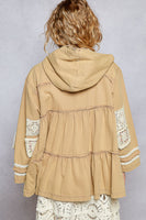 POL Tiered Twill Hooded Jacket with Patchwork Details in Mocha