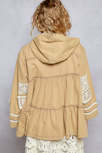 POL Tiered Twill Hooded Jacket with Patchwork Details in Mocha