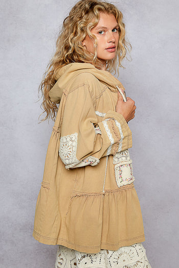 POL Tiered Twill Hooded Jacket with Patchwork Details in Mocha