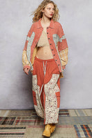 POL OVERSIZED Mixed Fabric Button Down Shacket in Brick Multi