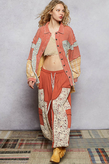 POL OVERSIZED Mixed Fabric Button Down Shacket in Brick Multi