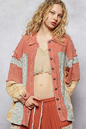 POL OVERSIZED Mixed Fabric Button Down Shacket in Brick Multi
