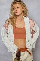 POL Cotton Knit and Quilted Patch Button Front Cardigan in Ivory/Pink
