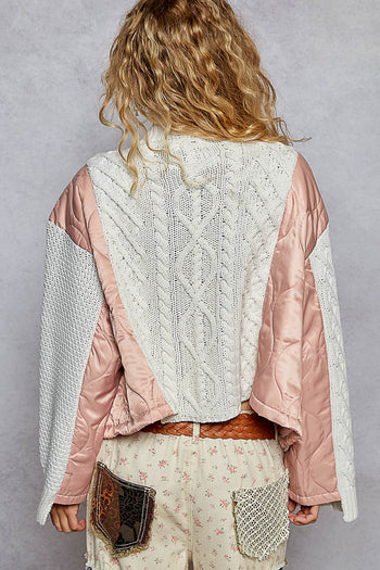 POL Cotton Knit and Quilted Patch Button Front Cardigan in Ivory/Pink