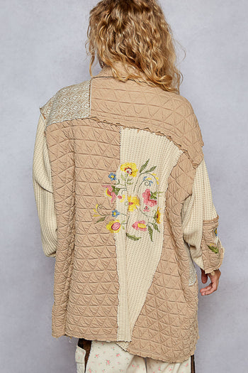 POL Quilted and Knit Long Loose Fit Jacket in Chocolate Multi