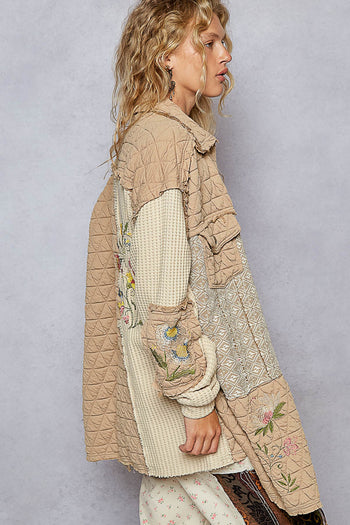 POL Quilted and Knit Long Loose Fit Jacket in Chocolate Multi
