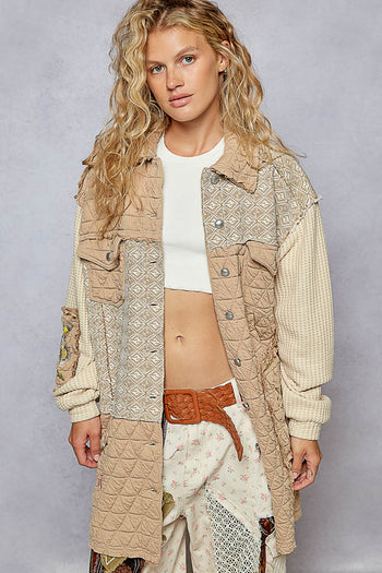 POL Quilted and Knit Long Loose Fit Jacket in Chocolate Multi