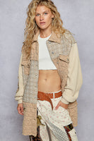 POL Quilted and Knit Long Loose Fit Jacket in Chocolate Multi
