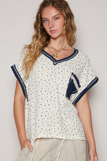 POL Floral Print Double Gauze Top in Cream/Indigo
