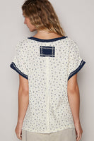POL Floral Print Double Gauze Top in Cream/Indigo