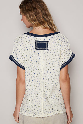 POL Floral Print Double Gauze Top in Cream/Indigo